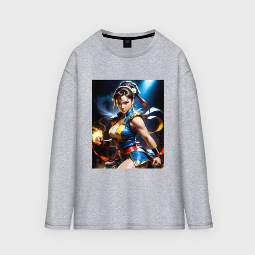 Мужской лонгслив oversize хлопок Chun-Li с огнем, цвет меланж