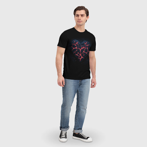 Мужская футболка 3D с принтом Разбитое сердце из камня и неона, вид сбоку #3