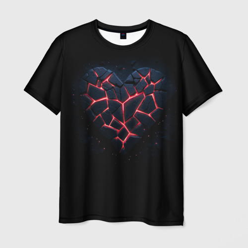 Мужская футболка 3D с принтом Разбитое сердце из камня и неона, вид спереди #2