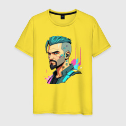 Мужская футболка хлопок Портрет мужчины с бородой Cyberpunk 2077