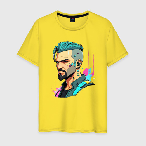 Мужская футболка хлопок Портрет мужчины с бородой Cyberpunk 2077, цвет желтый