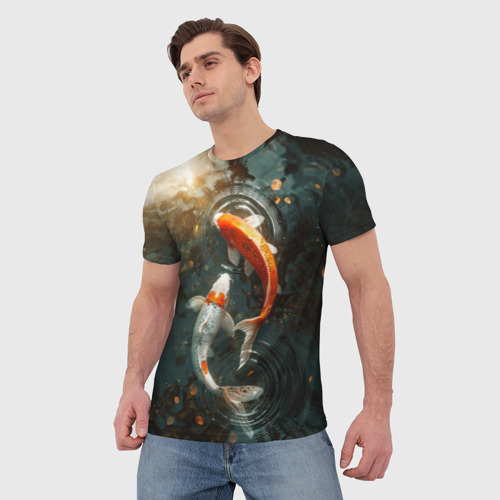 Мужская футболка 3D Карпы в пруду , цвет 3D печать - фото 3