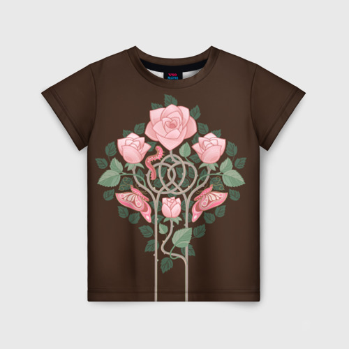 Детская футболка 3D Розовые розы и бабочки в стиле Морриса, цвет 3D печать
