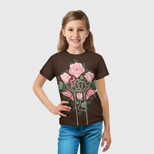 Детская футболка 3D Розовые розы и бабочки в стиле Морриса, цвет 3D печать - фото 5