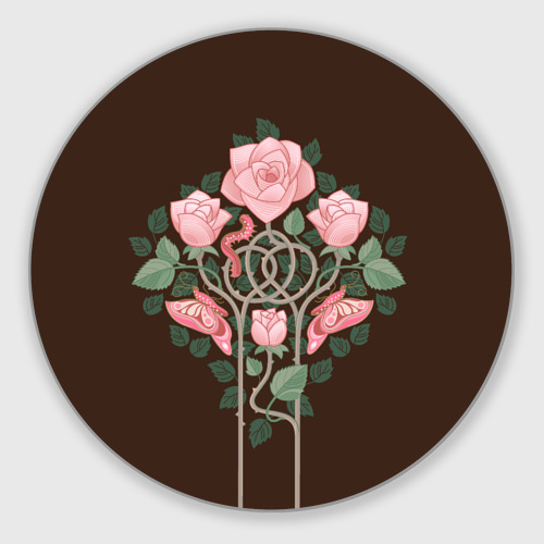 Круглый коврик для мышки Розовые розы и бабочки в стиле Морриса