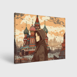 Холст прямоугольный Русская девушка на фоне  Москвы