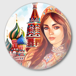 Значок Русская девушка на фоне   Москвы