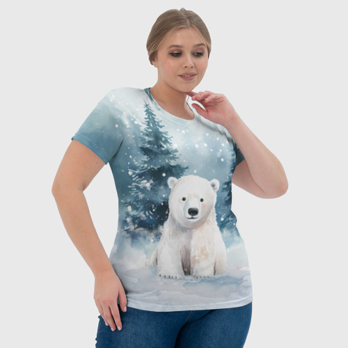 Женская футболка 3D Белый медвежонок в лесу, цвет 3D печать - фото 6