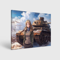 Холст прямоугольный Русская боевая девушка на фоне танка