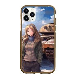 Чехол для iPhone 11 Pro Max матовый Русская боевая девушка на фоне танка