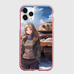 Чехол для iPhone 11 Pro Max матовый Русская боевая девушка на фоне танка