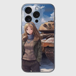 Чехол для iPhone 16 Pro Max силиконовый с защитой камеры Русская боевая девушка на фоне танка