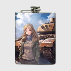 Фляга Русская боевая девушка на фоне танка