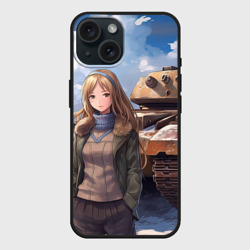 Чехол силиконовый для Apple iPhone 15 матовый Русская боевая девушка на фоне танка