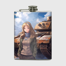 Фляга Русская боевая девушка на фоне танка