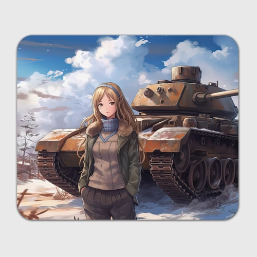 Прямоугольный коврик для мышки Русская боевая девушка на фоне танка