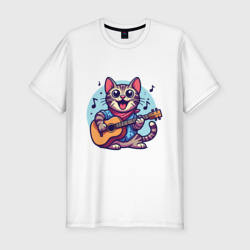 Полосатый кот играет на гитаре – Футболка приталенная из хлопка с принтом купить