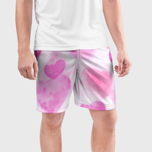 Мужские шорты спортивные Розовые сердечки акварель, цвет 3D печать - фото 3