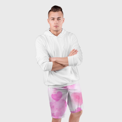 Мужские шорты спортивные Розовые сердечки акварель, цвет 3D печать - фото 5