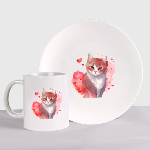 Набор: тарелка + кружка Кошка в красных сердечках
