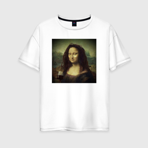 Женская футболка оверсайз из хлопка с принтом Уставшая Мона Лиза, вид спереди №1