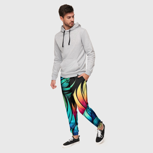 Мужские брюки 3D Color feathers - neon, цвет 3D печать - фото 3