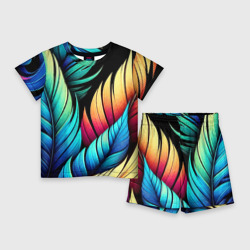 Детский костюм с шортами 3D Color feathers - neon