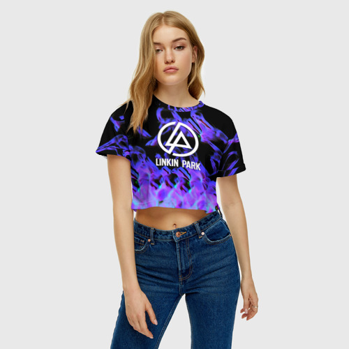 Женская футболка Crop-top 3D Linkin park neon flame rock, цвет 3D печать - фото 3