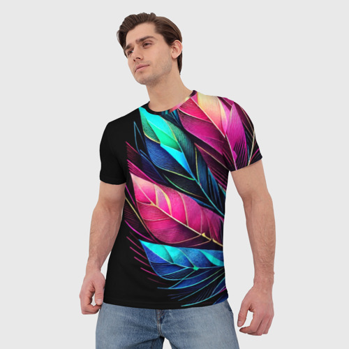Мужская футболка 3D Букет из цветных перьев - неон, цвет 3D печать - фото 3