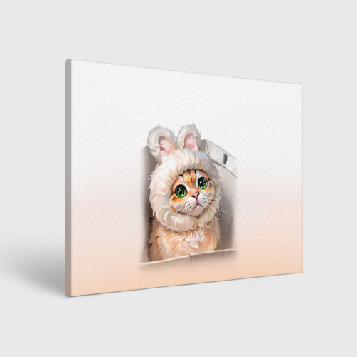 Холст прямоугольный Милый кот-мем в шапке с ушками - бежевый градиент, цвет 3D печать