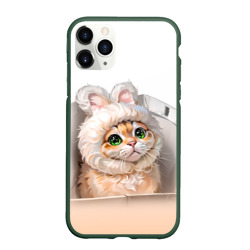 Чехол для iPhone 11 Pro матовый Милый кот-мем в шапке с ушками - бежевый градиент