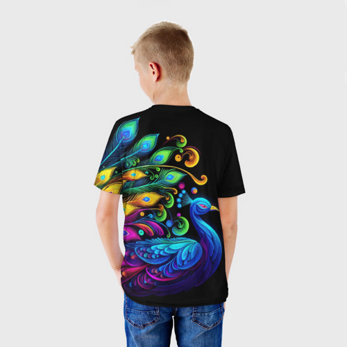 Детская футболка 3D с принтом Neon peacock - art, вид сзади #2