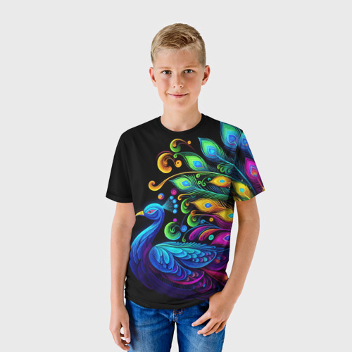 Детская футболка 3D с принтом Neon peacock - art, фото на моделе #1