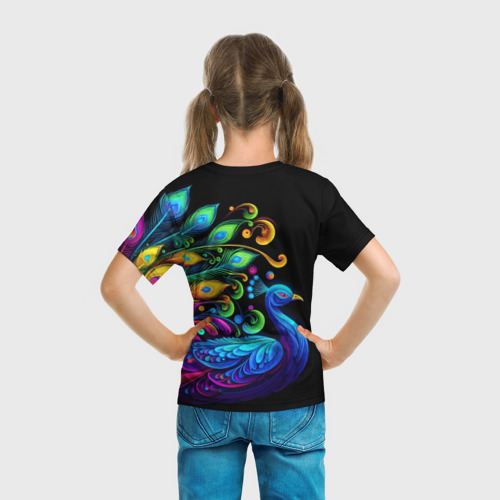 Детская футболка 3D с принтом Neon peacock - art, вид сзади #2