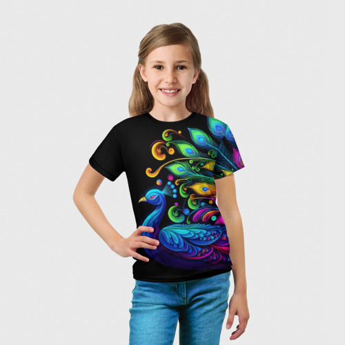 Детская футболка 3D с принтом Neon peacock - art, вид сбоку #3