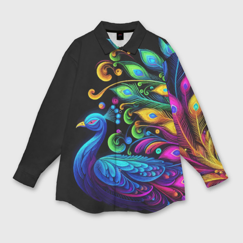 Мужская рубашка oversize 3D с принтом Neon peacock - art, вид спереди #2