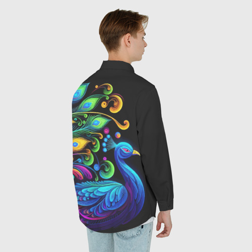 Мужская рубашка oversize 3D с принтом Neon peacock - art, вид сзади #2
