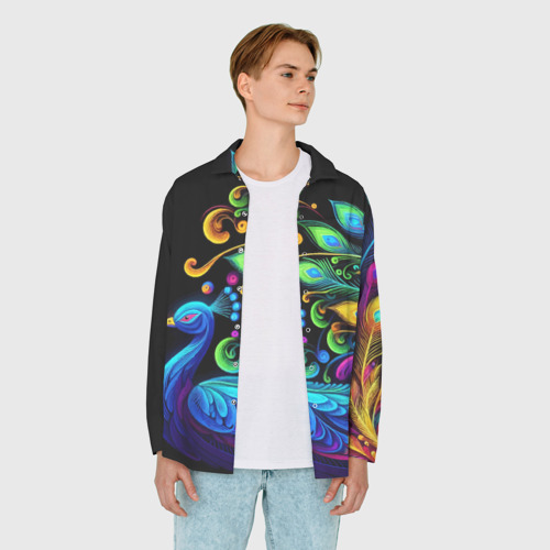 Мужская рубашка oversize 3D с принтом Neon peacock - art, вид сбоку #3