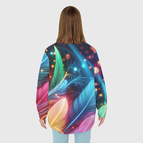 Женская рубашка oversize 3D Яркие красочные неоновые перья, цвет белый - фото 4