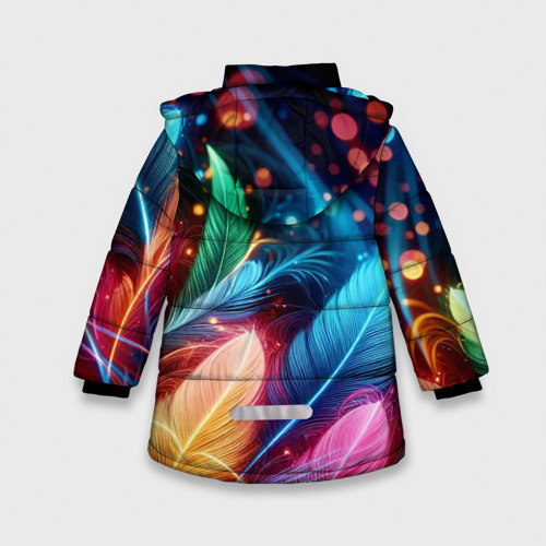 Зимняя куртка для девочек 3D Яркие красочные неоновые перья, цвет черный - фото 2