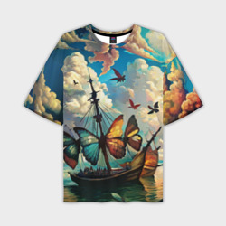 Корабль с бабочками стиль Сальвадор Дали – Мужская футболка oversize 3D с принтом купить со скидкой в -50%
