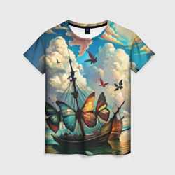 Корабль с бабочками стиль Сальвадор Дали – Женская футболка 3D с принтом купить со скидкой в -26%