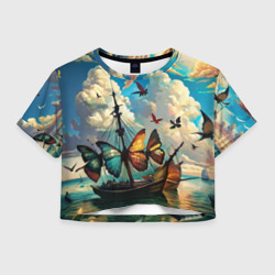 Корабль с бабочками стиль Сальвадор Дали – Женская футболка Crop-top 3D с принтом купить