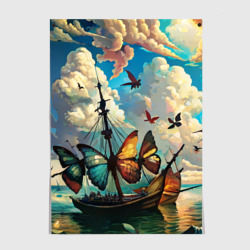 Корабль с бабочками стиль Сальвадор Дали – Постер с принтом купить