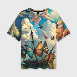 Корабль с бабочками стиль Сальвадор Дали – Женская футболка oversize 3D с принтом купить со скидкой в -50%