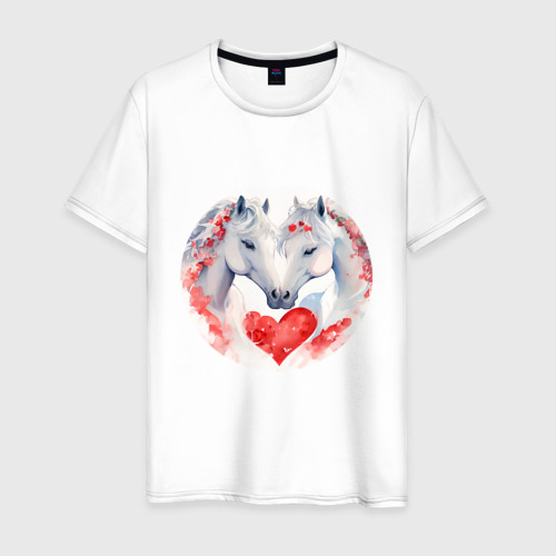 Мужская футболка из хлопка с принтом Влюбленные белые лошади, вид спереди №1
