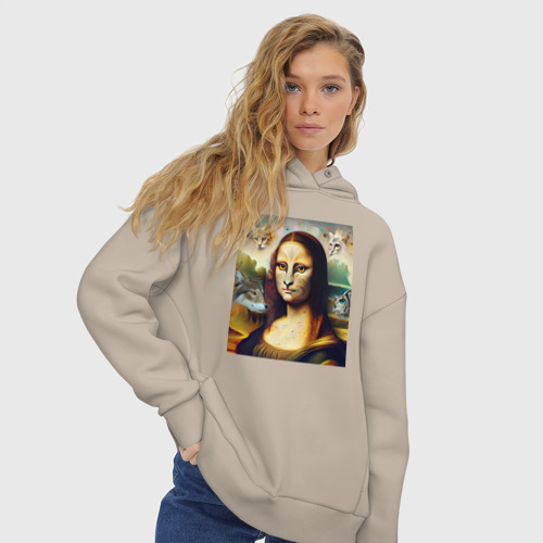 Женское худи Oversize хлопок Мона Лиза превращается в кошку, цвет миндальный - фото 4