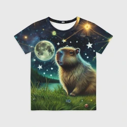 Детская футболка 3D Капибара прогулки в полнолуние