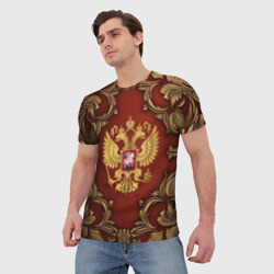Мужская футболка 3D Золотой герб России на красном фоне лепнина - фото 2