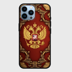 Чехол для iPhone 14 Pro Max Золотой герб России на красном фоне лепнина